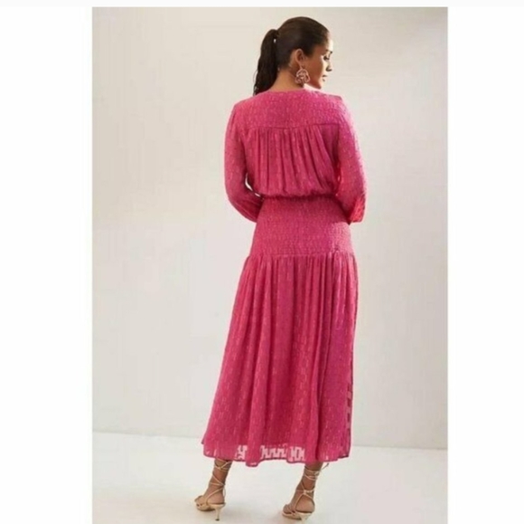 NWT Anthropologie Smocked Maxi Dress M $180 HTF Pink Gold Long Sleeve - Picture 2 of 9